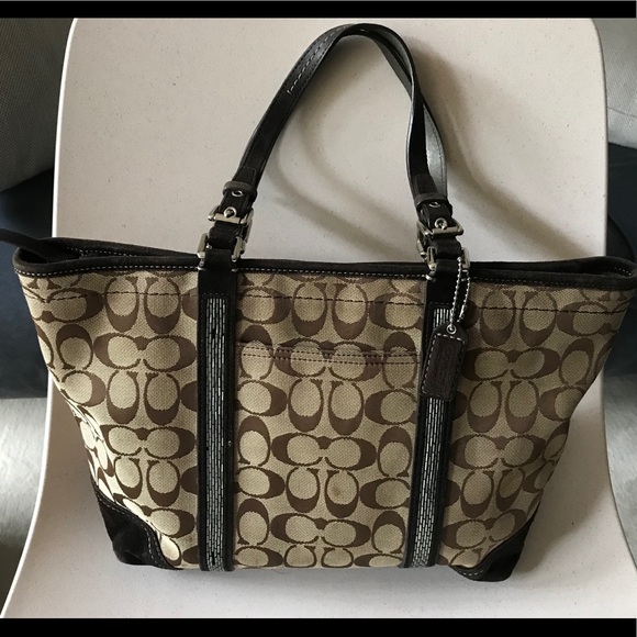 💖Coach Black Brown Suede Leather Zipper Tote Bag - Picture 2 of 8